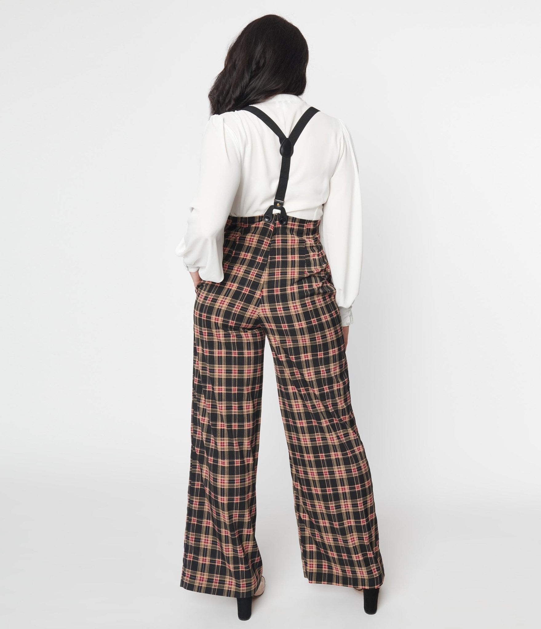 Unique Vintage Black & Burgundy Plaid High Waist Suspender Pants - Unique Vintage - Womens, BOTTOMS, PANTS