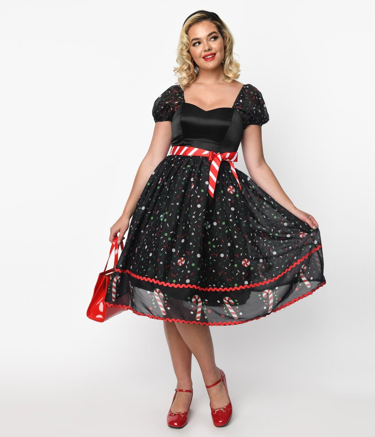 Unique Vintage Black Candy Cane Sprinkles Swing Dress - Unique Vintage - Womens, DRESSES, PROM AND SPECIAL OCCASION