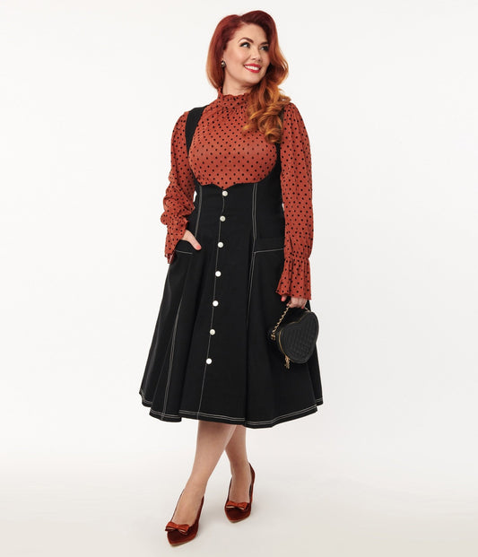 Unique Vintage Black Denim Button Suspender Swing Skirt - Unique Vintage - Womens, BOTTOMS, SKIRTS