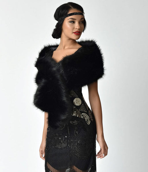 Unique Vintage Black Faux Fur Stole Wrap