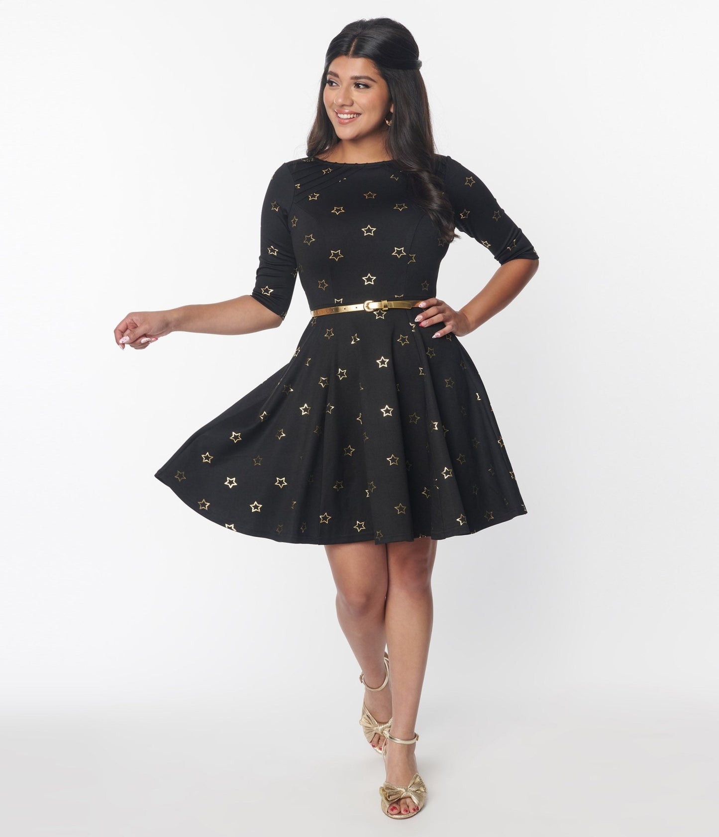 Unique Vintage Black & Gold Star Fit & Flare Dress - Unique Vintage - Womens, DRESSES, FIT AND FLARE