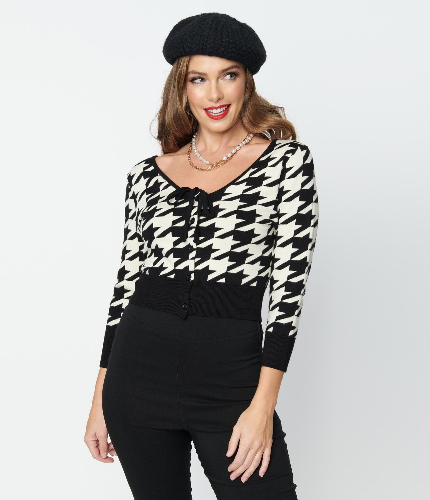 Unique Vintage Black & Ivory Houndstooth Dandy Cardigan - Unique Vintage - Womens, TOPS, SWEATERS