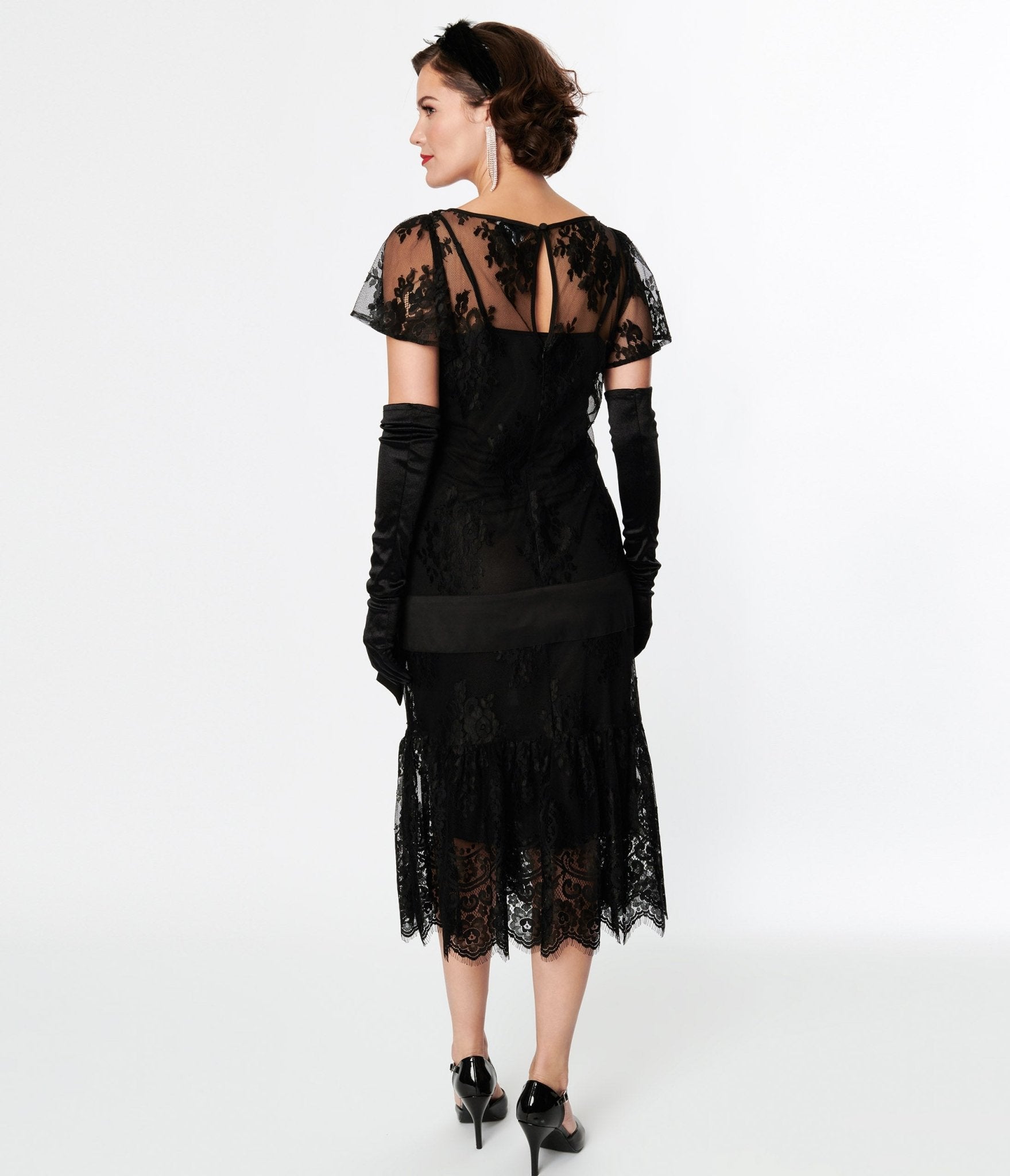 Unique Vintage Black Lace & Bow Flapper Dress - Unique Vintage - Womens, FLAPPER, SLEEVED NON BEADED