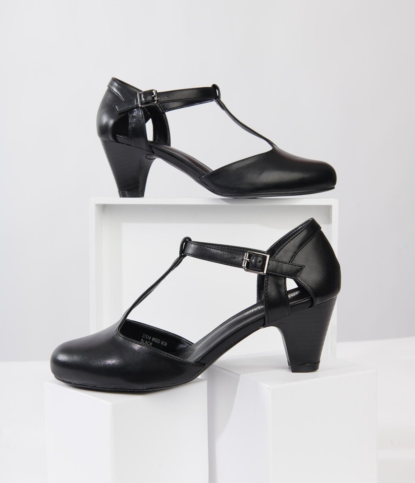 Unique Vintage Black Leatherette Closed Toe T-Strap Roxy Pumps - Unique Vintage - Womens, SHOES, HEELS