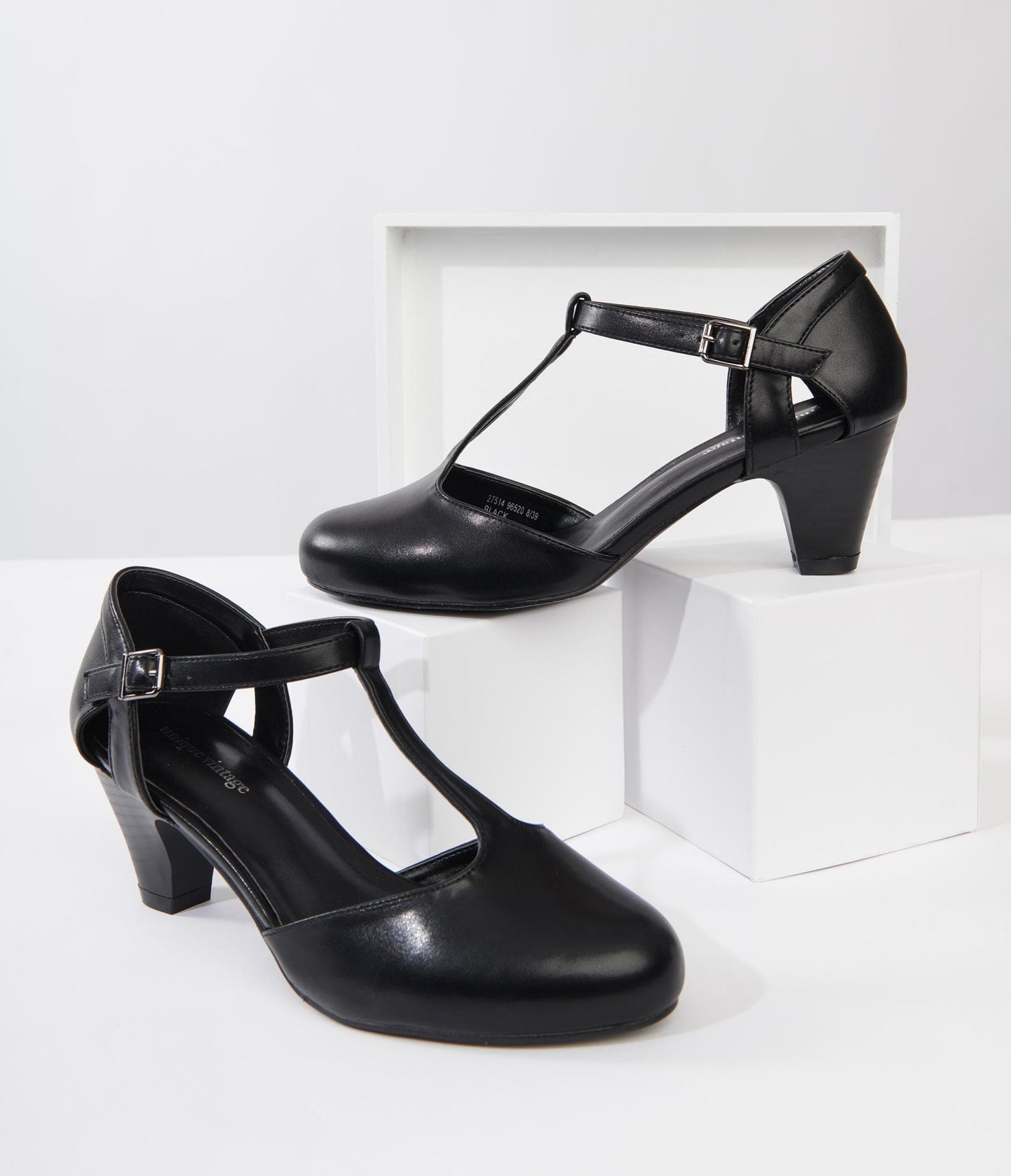 Unique Vintage Black Leatherette Closed Toe T-Strap Roxy Pumps - Unique Vintage - Womens, SHOES, HEELS