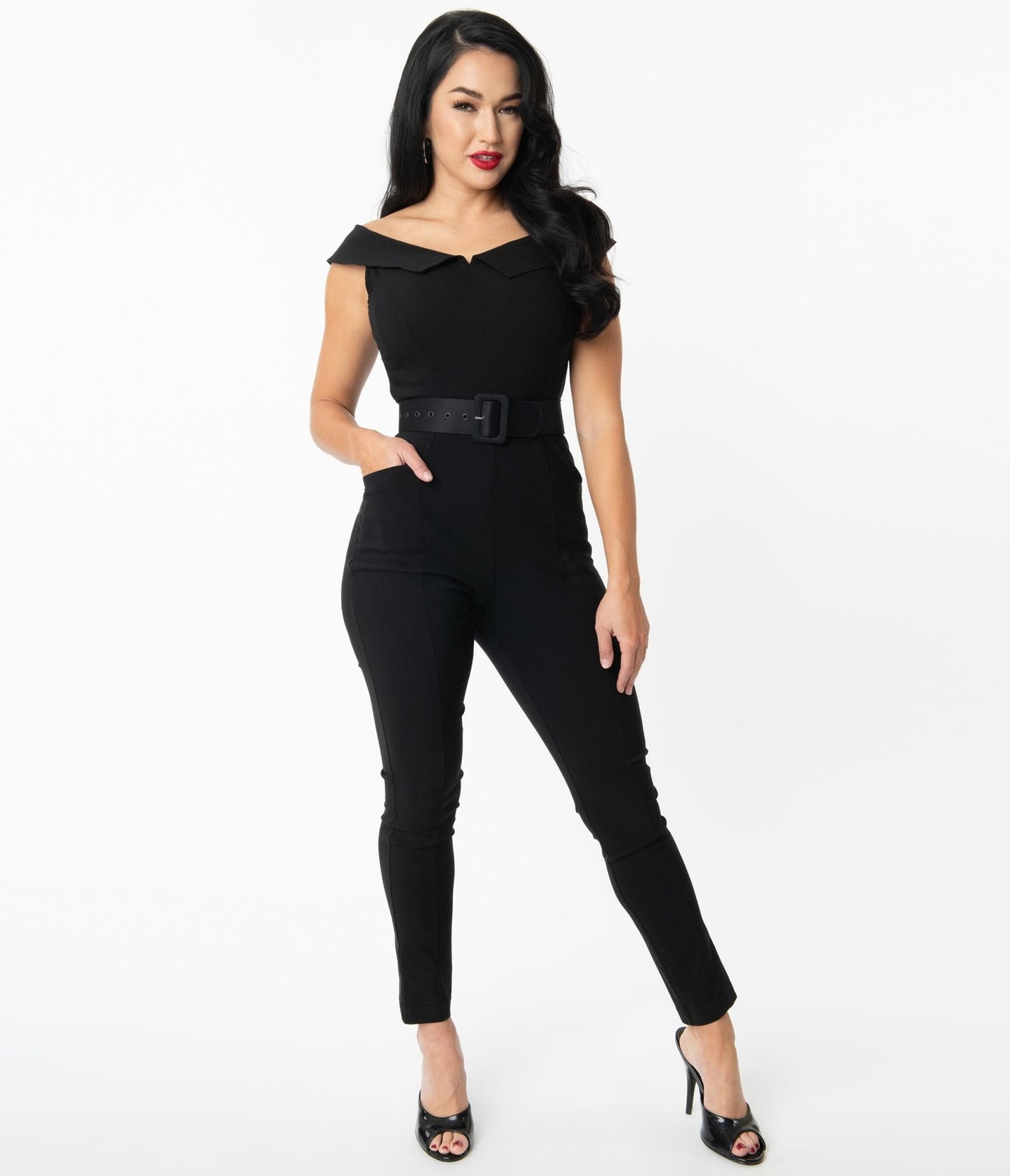 Unique Vintage Black Off Shoulder Gillian Jumpsuit - Unique Vintage - Womens, BOTTOMS, ROMPERS AND JUMPSUITS