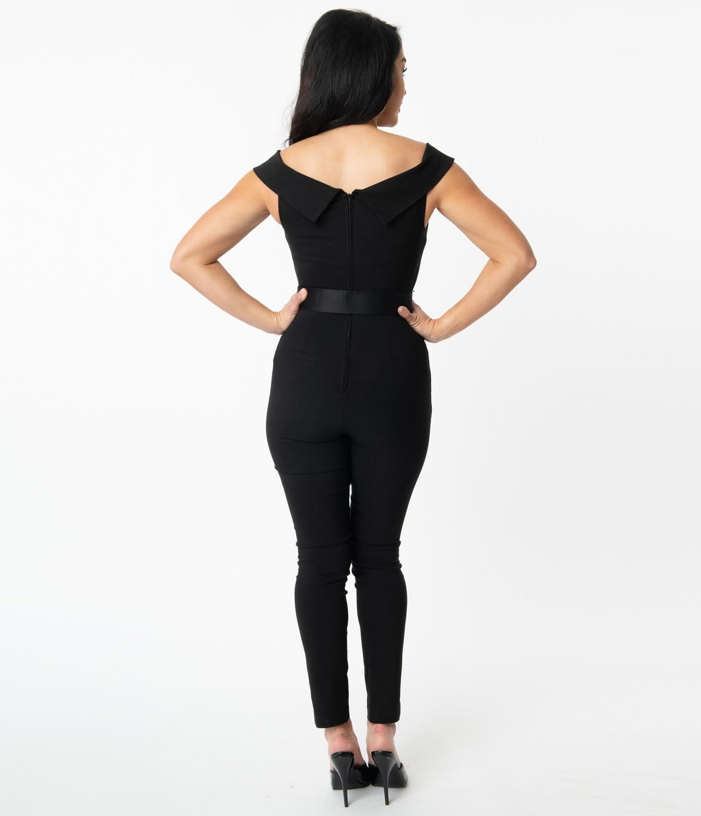 Unique Vintage Black Off Shoulder Gillian Jumpsuit - Unique Vintage - Womens, BOTTOMS, ROMPERS AND JUMPSUITS