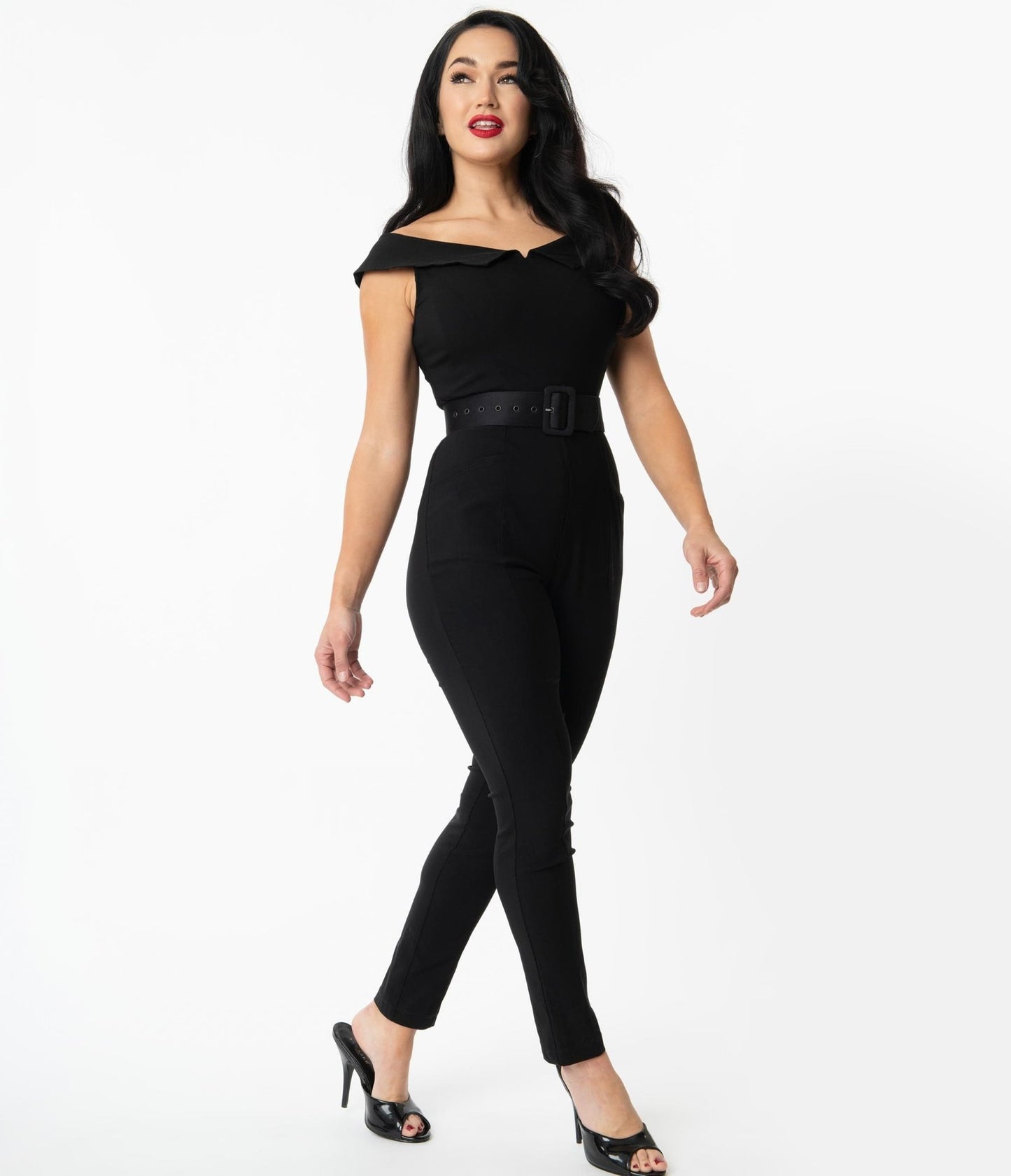 Unique Vintage Black Off Shoulder Gillian Jumpsuit - Unique Vintage - Womens, BOTTOMS, ROMPERS AND JUMPSUITS