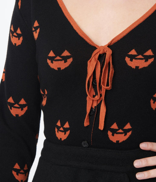Unique Vintage Black Orange Pumpkin Crop Cardigan