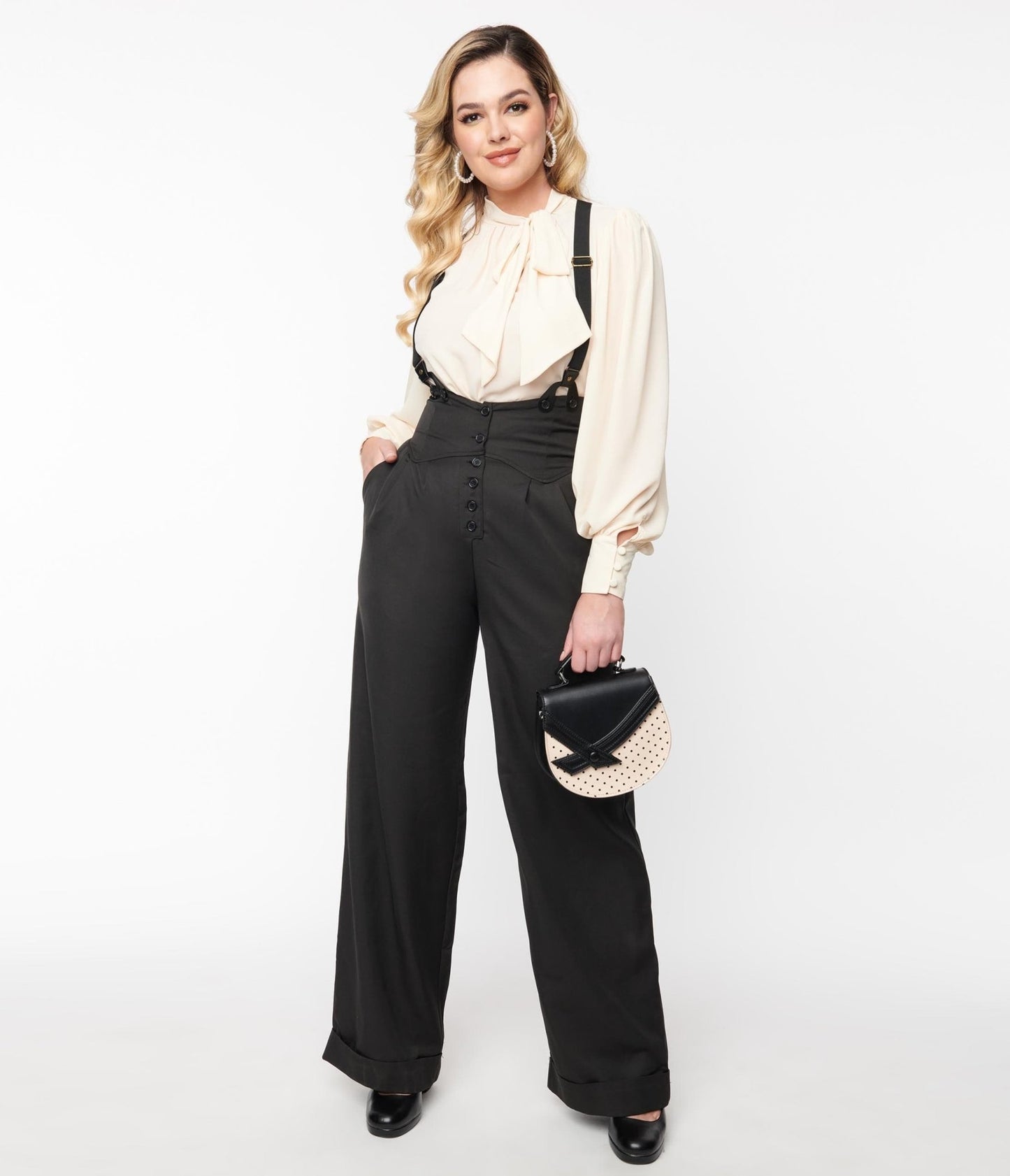 Unique Vintage Black Thelma Suspender Pants - Unique Vintage - Womens, BOTTOMS, PANTS