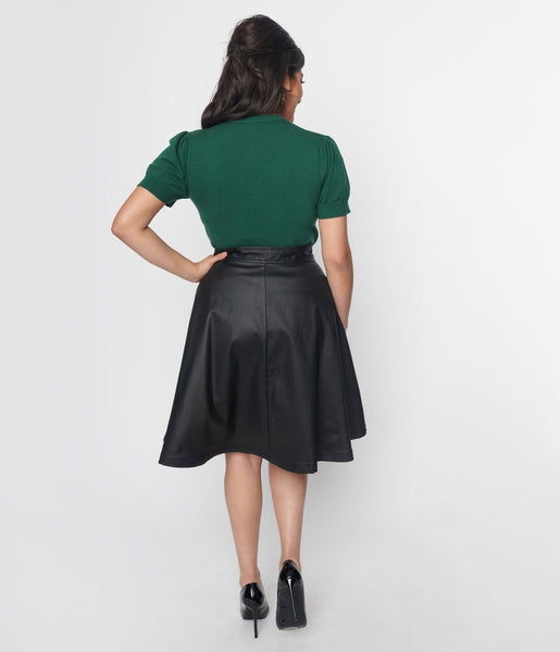 Black faux leather embroidered rose mini skirt shop