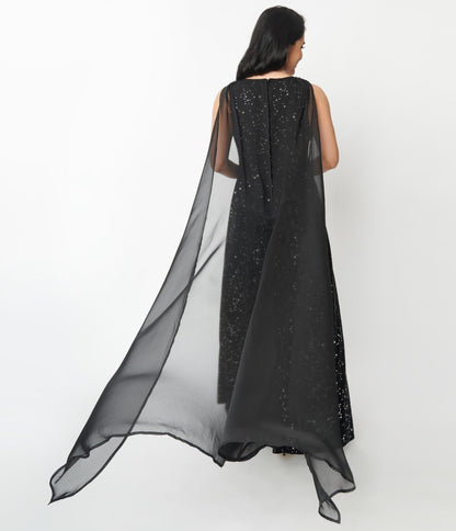 Unique Vintage Black Velvet Constellation Cape Gown - Unique Vintage - Womens, DRESSES, MAXI
