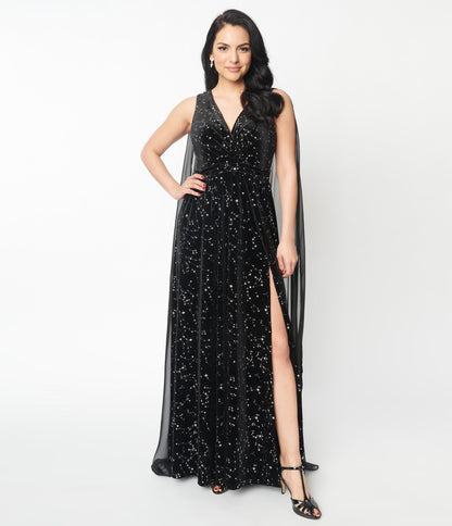 Unique Vintage Black Velvet Constellation Cape Gown - Unique Vintage - Womens, DRESSES, MAXI