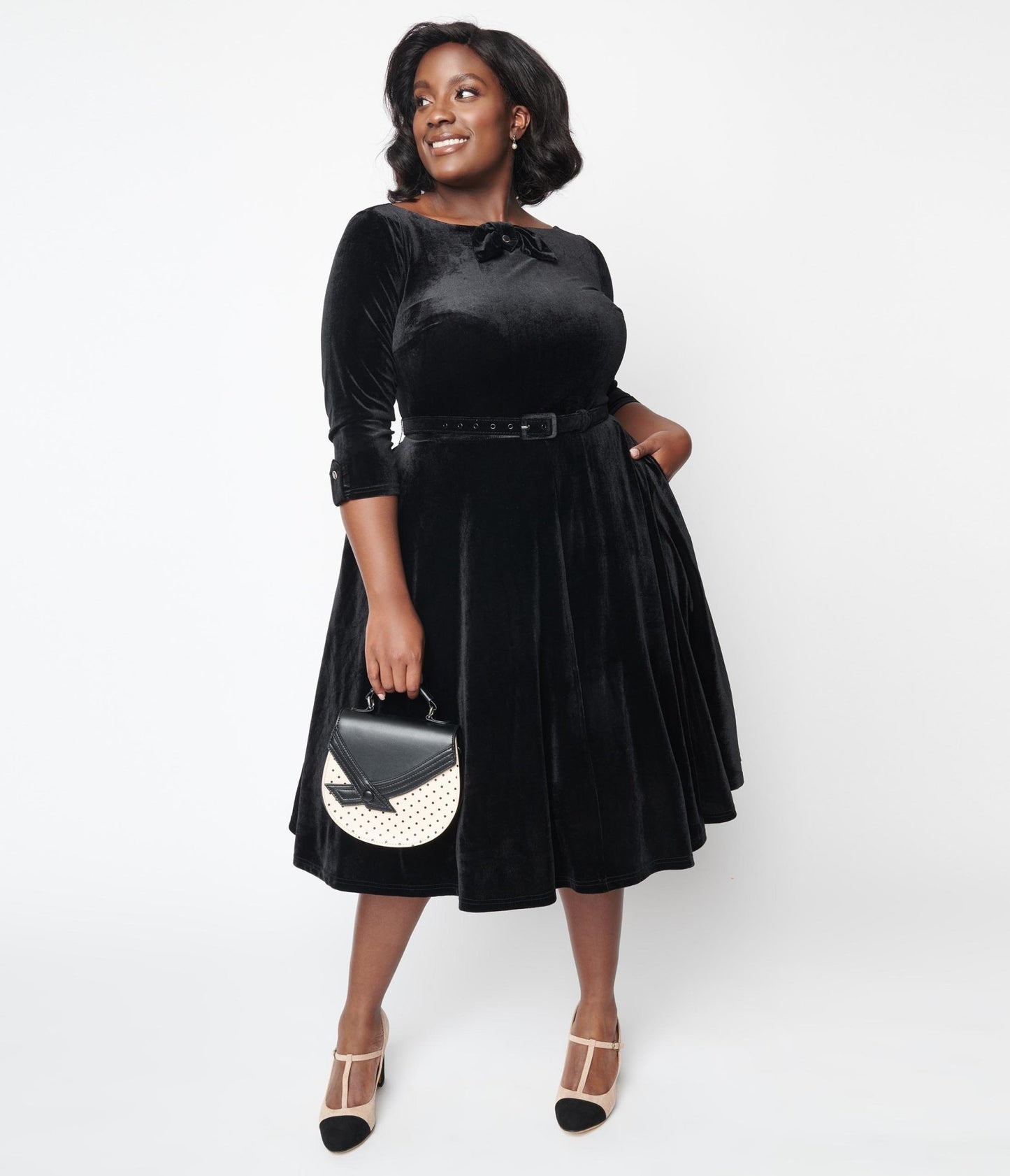 Unique Vintage Black Velvet Faux Bow Devon Swing Dress - Unique Vintage - Womens, DRESSES, SWING
