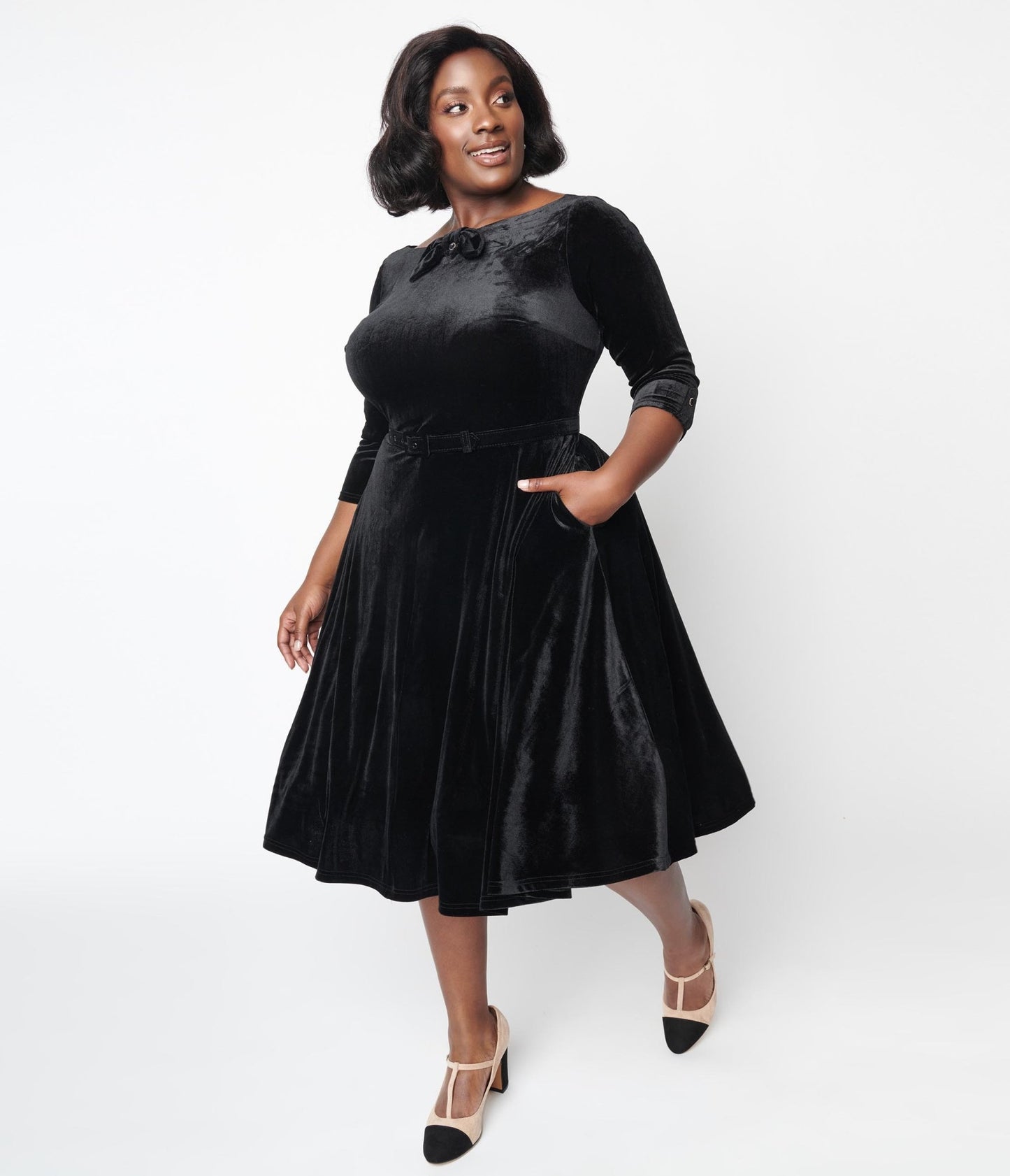 Unique Vintage Black Velvet Faux Bow Devon Swing Dress - Unique Vintage - Womens, DRESSES, SWING
