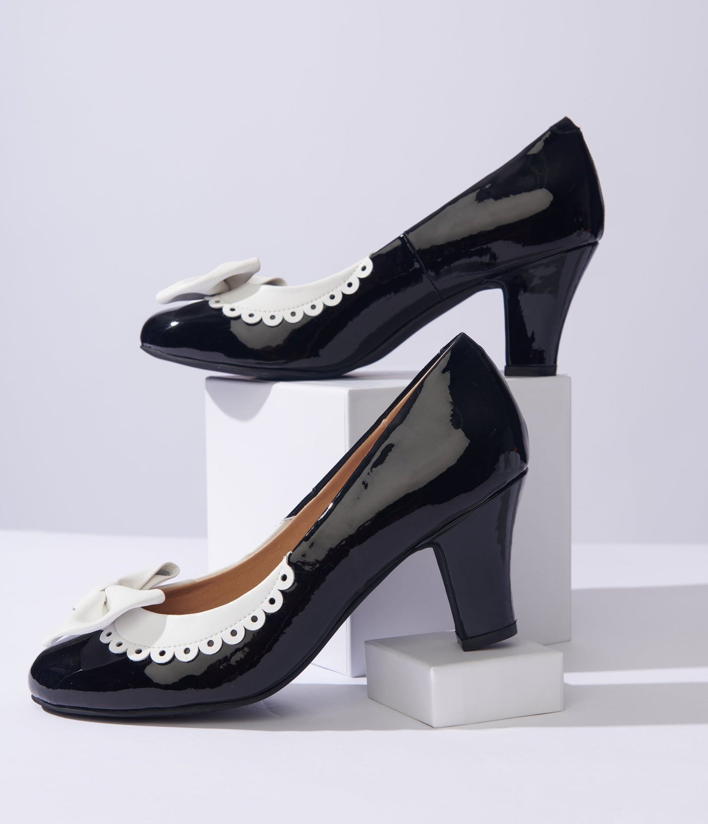 Unique Vintage Black & White Bow Patent Pumps - Unique Vintage - Womens, SHOES, HEELS