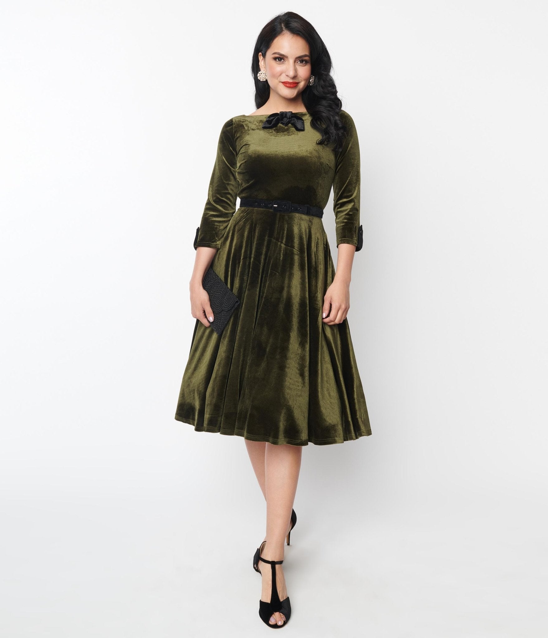 green velvet women's dress Unique Vintage Deep Olive Green Velvet Faux Bow Devon Swing Dress