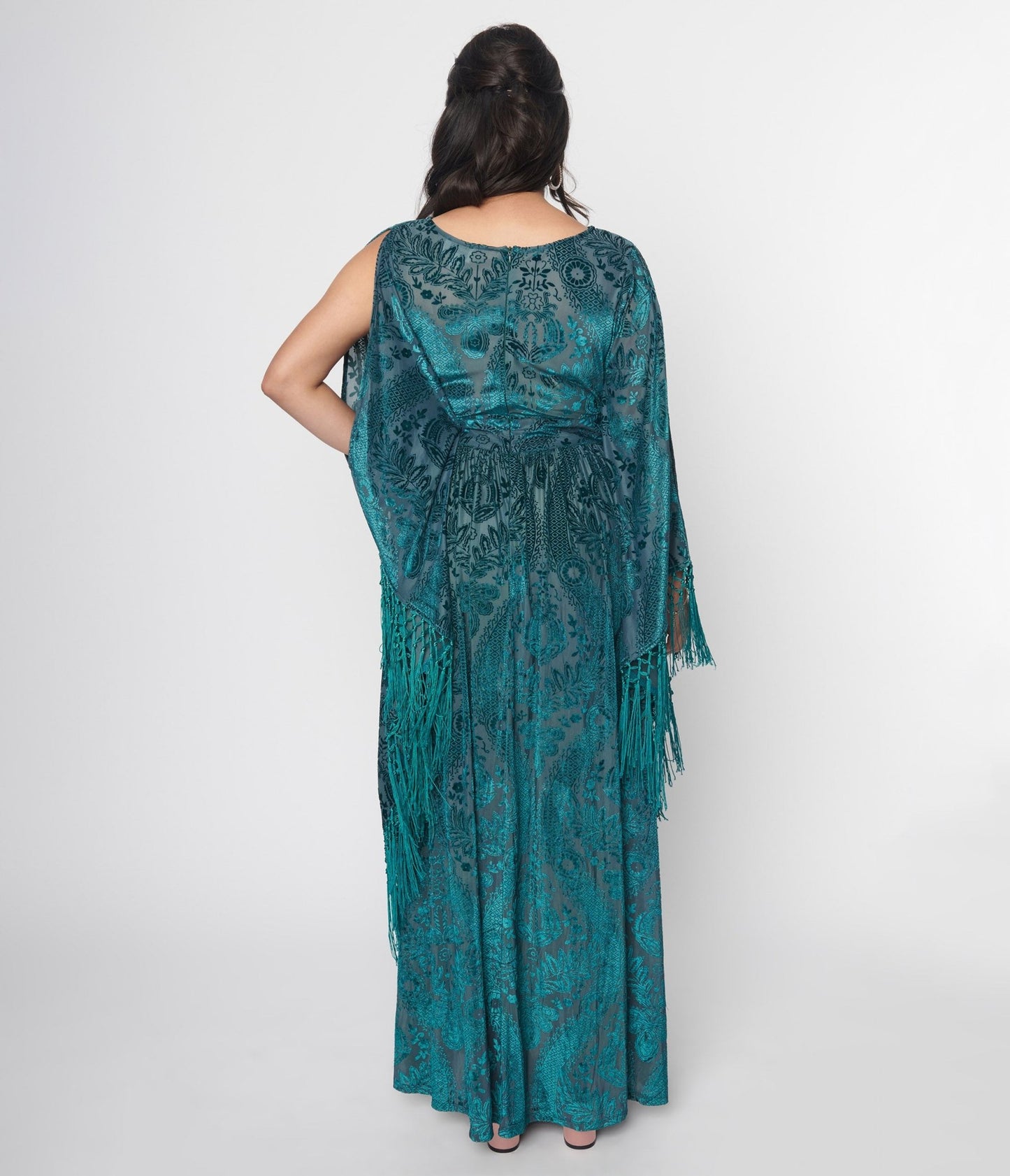 Unique Vintage Emerald Floral Fringe Flutter Sleeve Caftan - Unique Vintage - Womens, DRESSES, MAXI