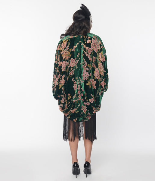 Unique Vintage Emerald Green Floral Burnout Velvet Kimono