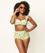 Unique Vintage Green Gingham & Ladybug Print Ruched & Ready Swim Top