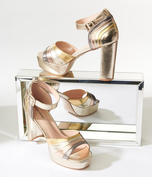 Unique Vintage Metallic Gold Peep Toe Platform Heels