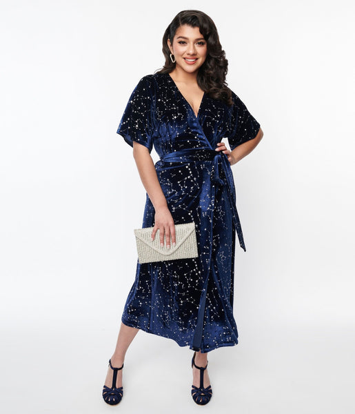 Unique Vintage 1970S Navy Silver Stars Velvet Wrap Midi Dress Size Xlarge 14 Polyester