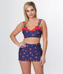 Unique Vintage Navy Strawberry Pin Dot Bowed Over Swim Top