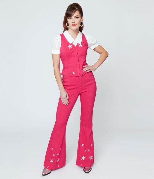 Unique Vintage Pink & Glitter Stars Flare Pants