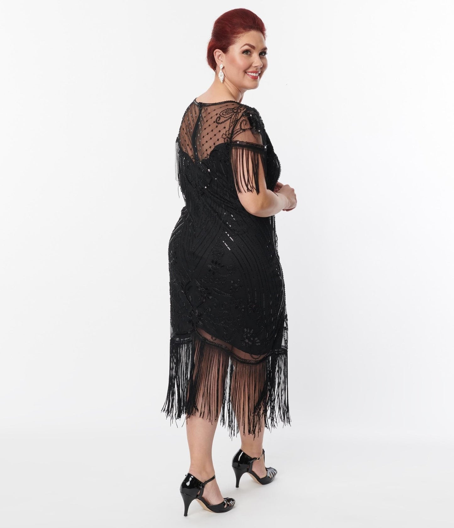 Unique Vintage Plus Size 1920s Black Beaded Fringe Sleeve Nadine Flapper Dress - Unique Vintage - Womens, FLAPPER, SLEEVED BEADED