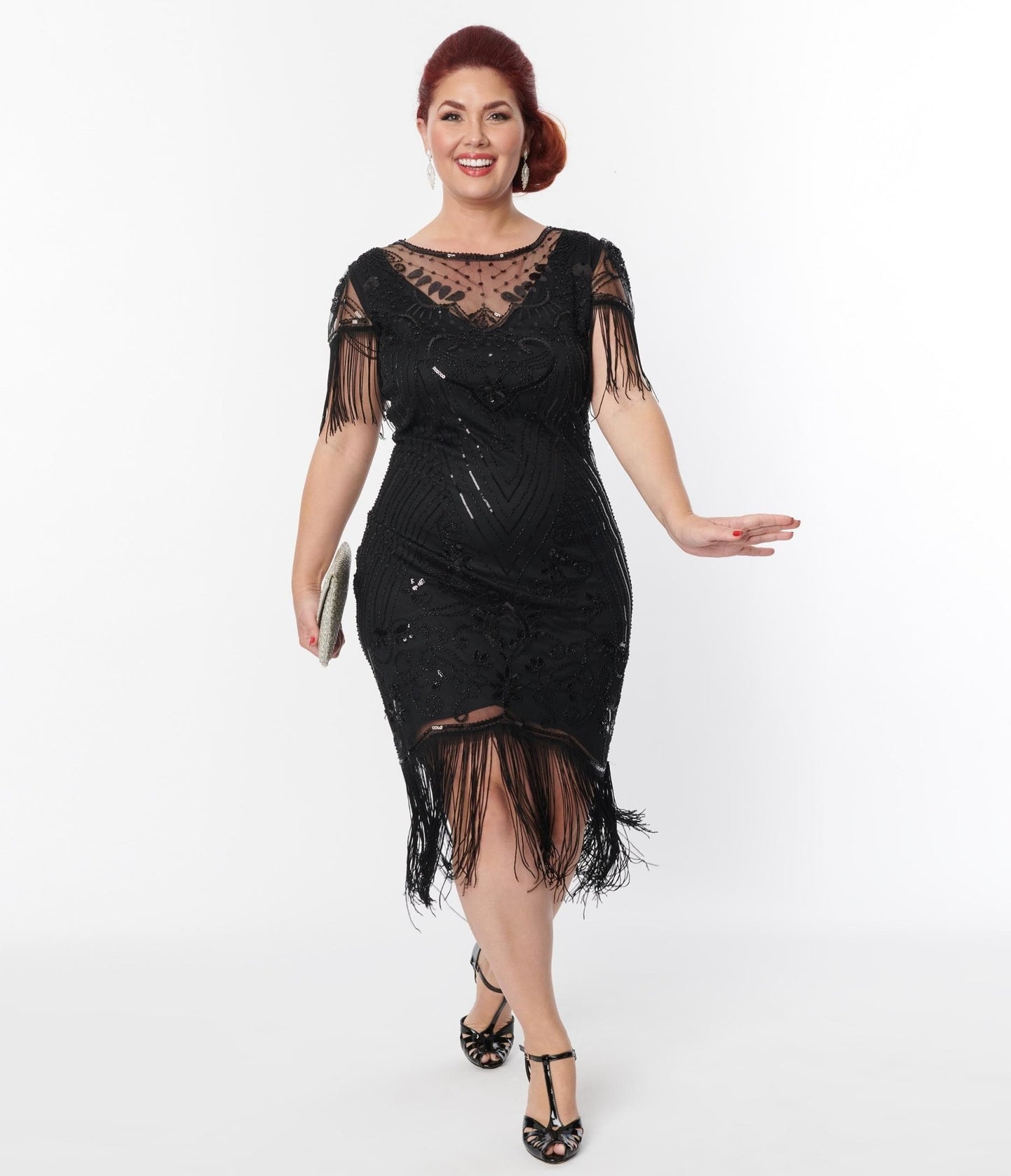 Unique Vintage Plus Size 1920s Black Beaded Fringe Sleeve Nadine Flapper Dress - Unique Vintage - Womens, FLAPPER, SLEEVED BEADED