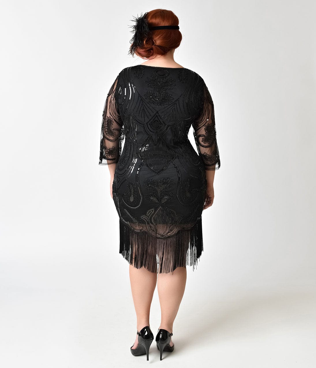 Unique Vintage Plus Size 1920s Black Beaded & Sequin Margaux Sleeved Fringe Flapper Dress - Unique Vintage - Womens, FLAPPER, SLEEVED BEADED