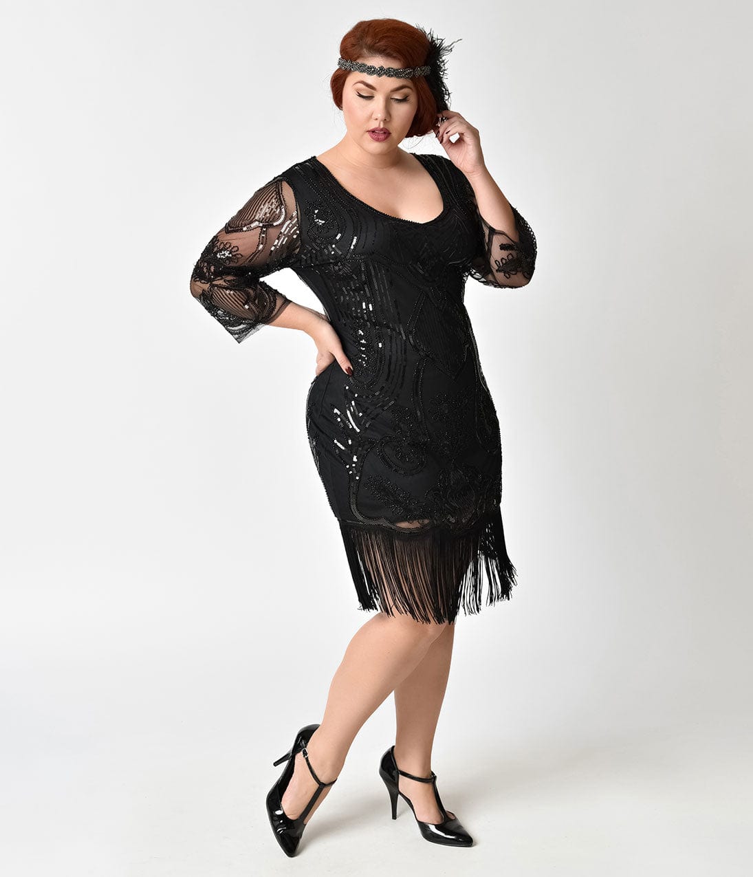 Unique Vintage Plus Size 1920s Black Beaded & Sequin Margaux Sleeved Fringe Flapper Dress - Unique Vintage - Womens, FLAPPER, SLEEVED BEADED