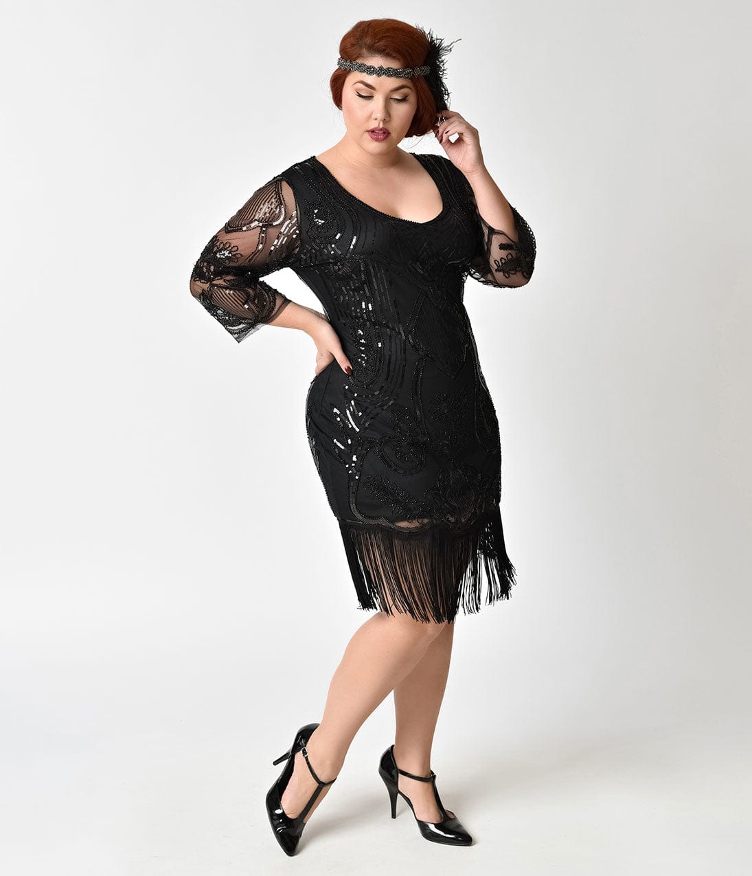 Unique Vintage Plus Size Black Margaux Fringe Flapper Dress with Sleeves Unique Vintage Plus Size Black Margaux Fringe Flapper Dress with Sleeves