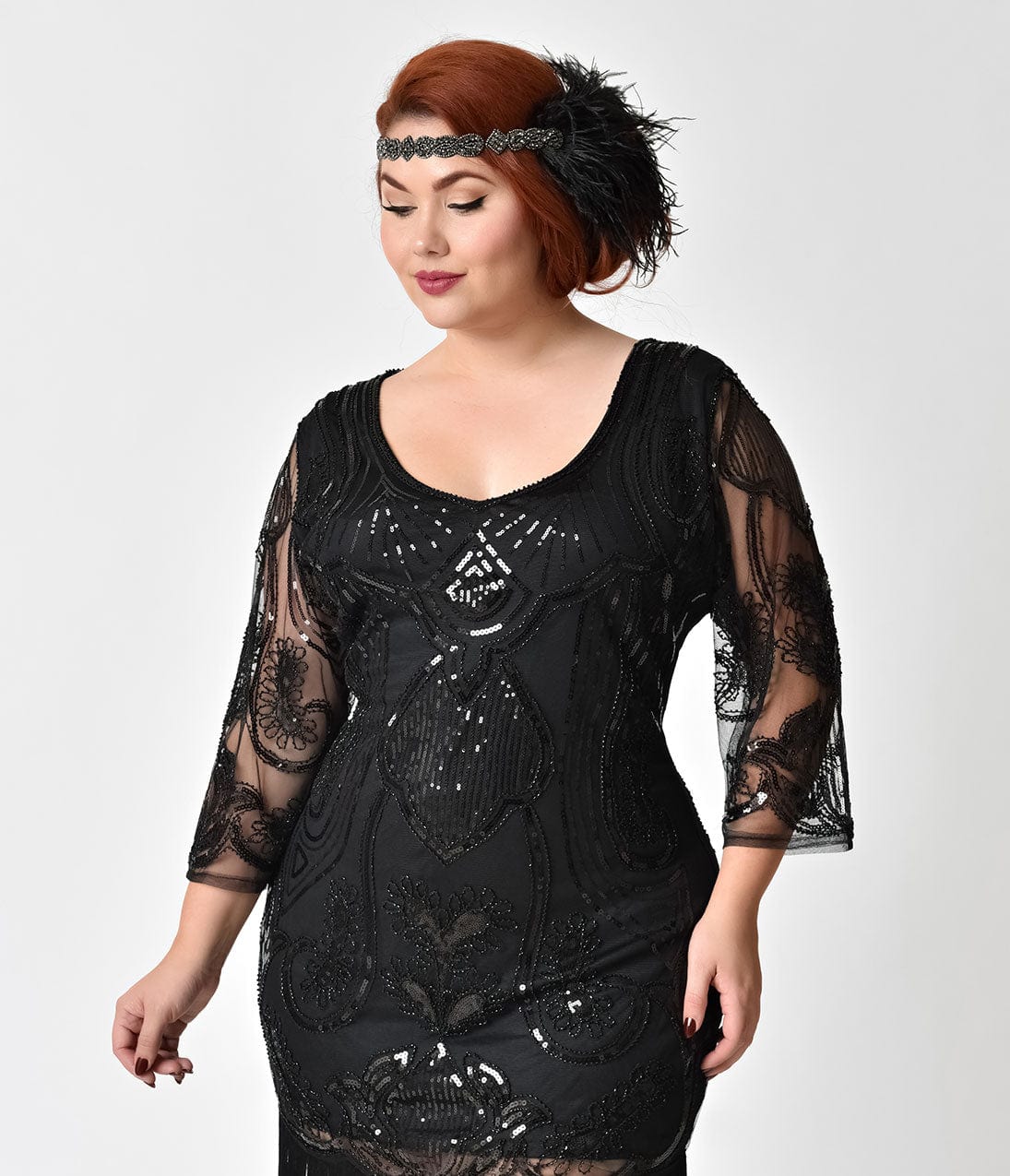 Unique Vintage Plus Size 1920s Black Beaded & Sequin Margaux Sleeved Fringe Flapper Dress - Unique Vintage - Womens, FLAPPER, SLEEVED BEADED