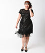 Unique Vintage Plus Size 1920s Black Sequin Fringe Del Mar Flapper Dress