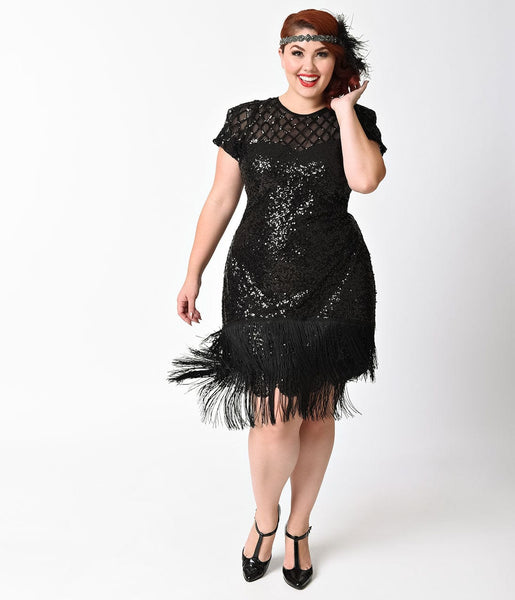 Unique Vintage Plus Size 1920s Black Sequin Fringe Del Mar Flapper Dre