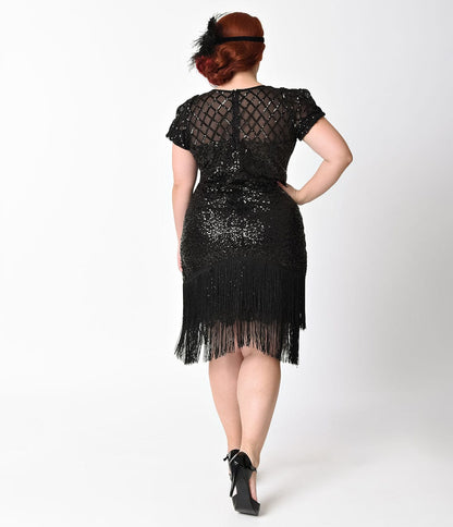 Unique Vintage Plus Size 1920s Black Sequin Fringe Flapper Dress - Unique Vintage - Womens, FLAPPER, SLEEVELESS BEADED