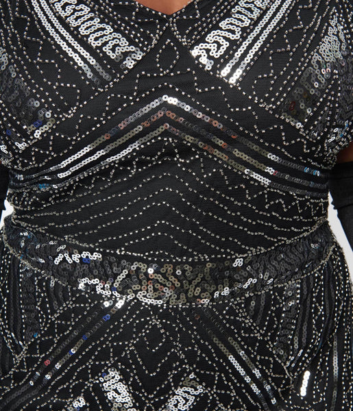Unique Vintage Plus Size 1920s Black Silver Sequin Flapper Dress