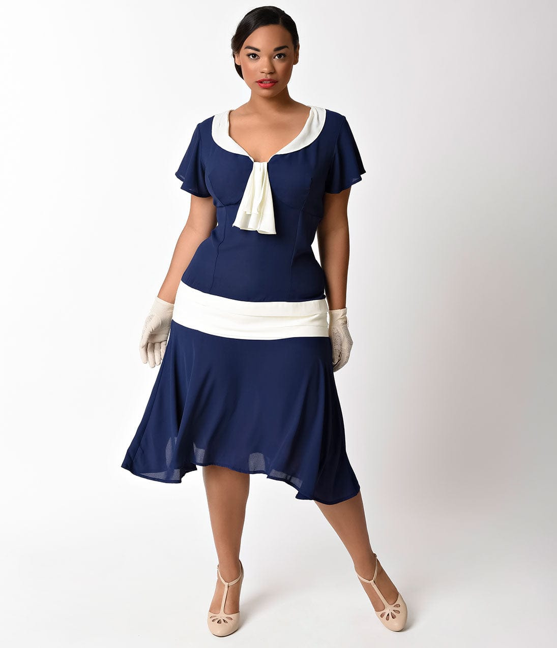 Unique Vintage Plus Size 1920s Navy Blue & Ivory Flapper Day Dress - Unique Vintage - Womens, FLAPPER, SLEEVELESS NON BEADED