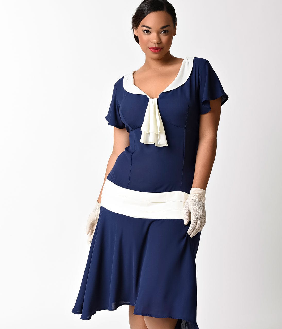 Unique Vintage Plus Size 1920s Navy Blue & Ivory Flapper Day Dress - Unique Vintage - Womens, FLAPPER, SLEEVELESS NON BEADED