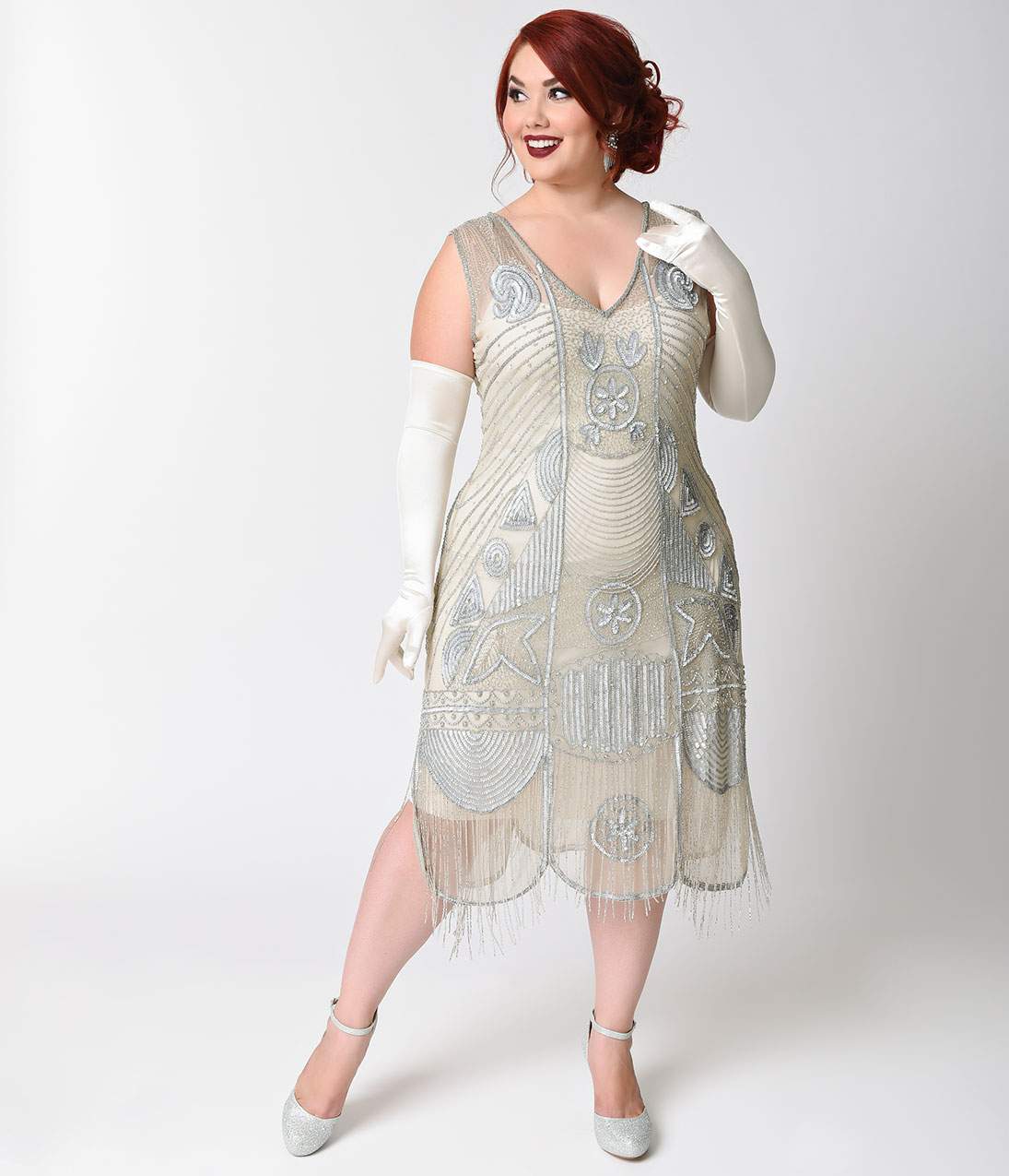 Unique Vintage Plus Size 1920s Style Silver Beaded Fringe Flapper Dress - Unique Vintage - Womens, FLAPPER, SLEEVELESS BEADED