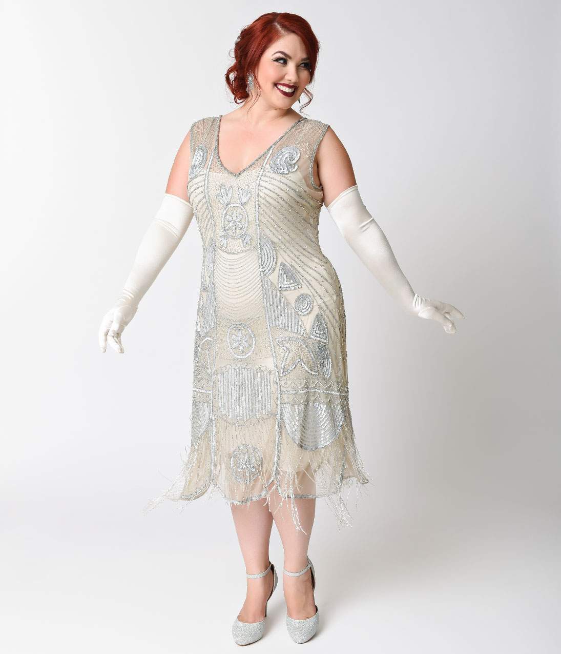 Unique Vintage Plus Size 1920s Style Silver Beaded Fringe Flapper Dress - Unique Vintage - Womens, FLAPPER, SLEEVELESS BEADED