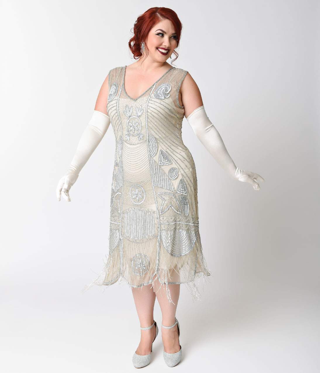 Unique Vintage Plus Size 1920s Style Silver Beaded Fringe Bosley Flapper Dress - Unique Vintage - Womens, FLAPPER, SLEEVELESS BEADED