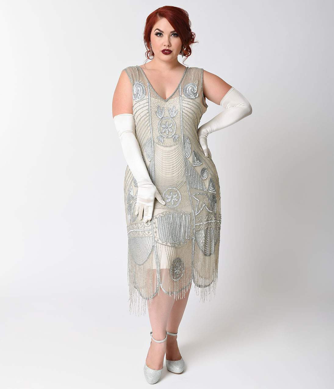 Unique Vintage Plus Size 1920s Style Silver Beaded Fringe Bosley Flapper Dress - Unique Vintage - Womens, FLAPPER, SLEEVELESS BEADED