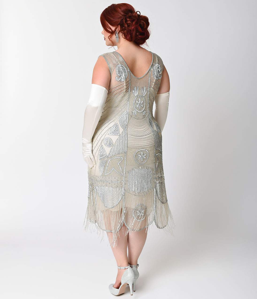 Unique Vintage Plus Size 1920s Style Silver Beaded Fringe Flapper Dress - Unique Vintage - Womens, FLAPPER, SLEEVELESS BEADED