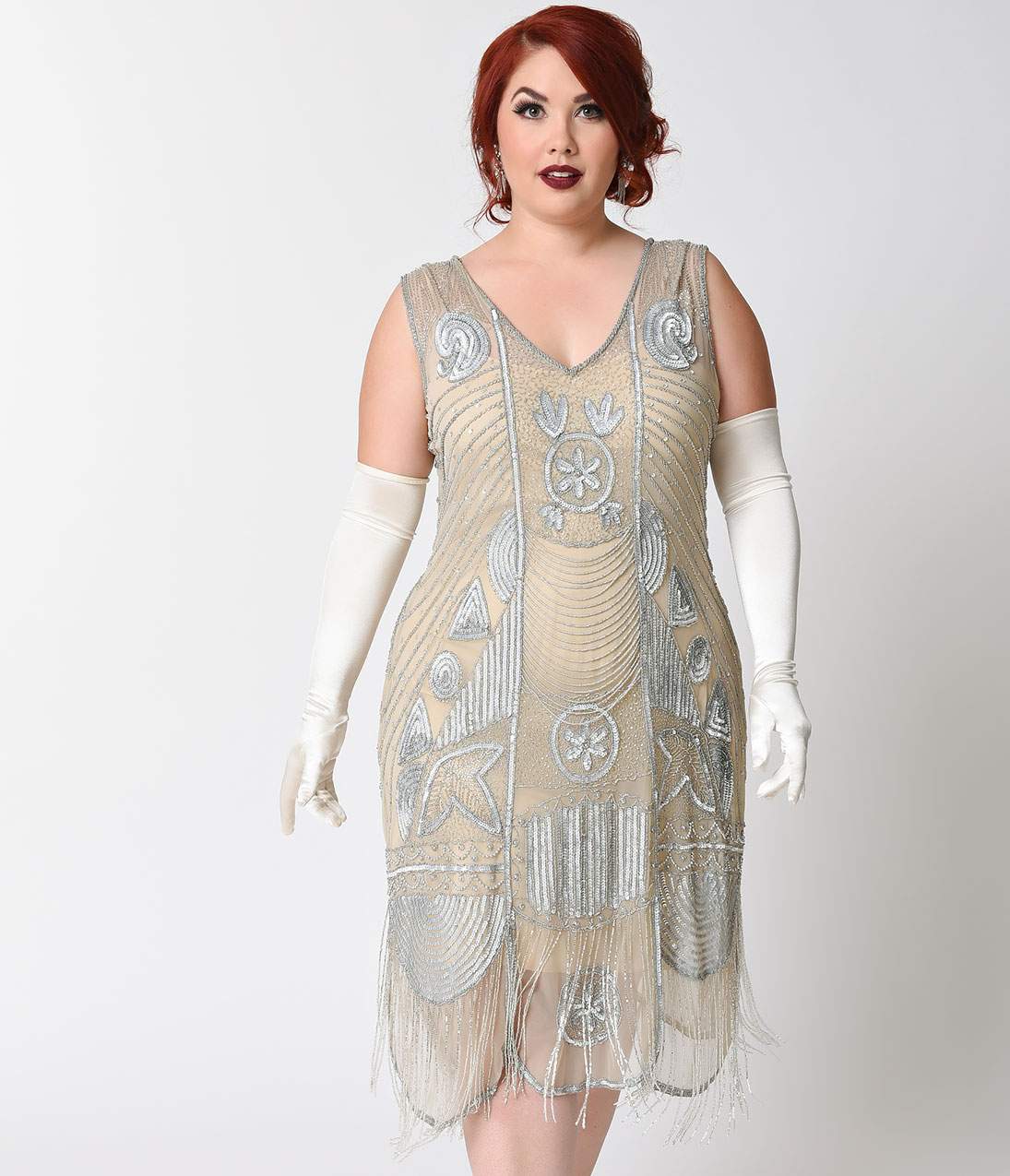 Unique Vintage Plus Size 1920s Style Silver Beaded Fringe Flapper Dress - Unique Vintage - Womens, FLAPPER, SLEEVELESS BEADED