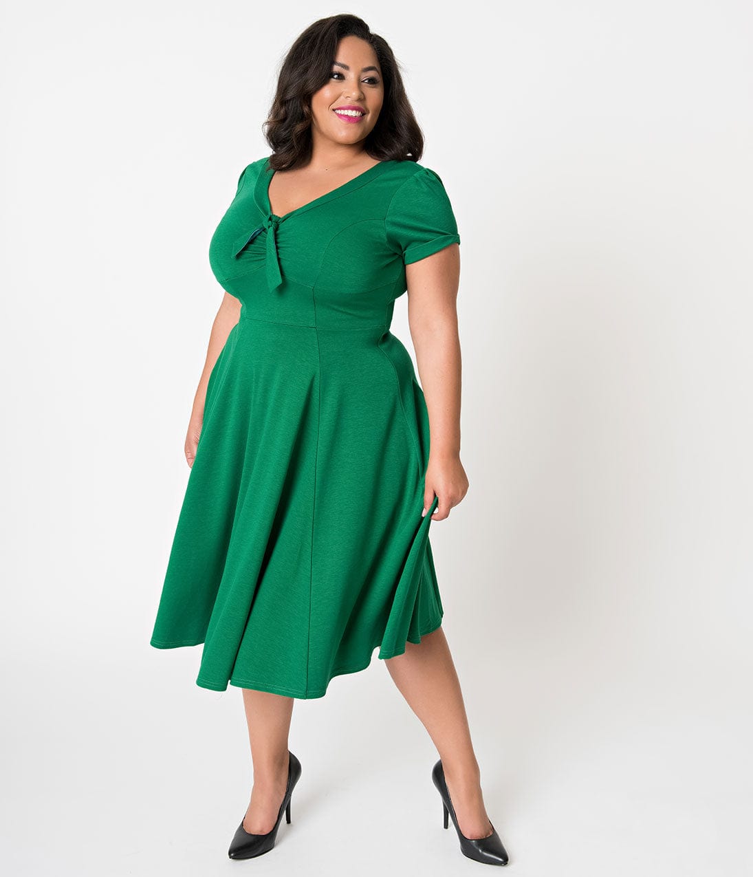 Unique Vintage Plus Size 1940s Style Green Knit Short Sleeve Natalie Swing Dress - Unique Vintage - Womens, DRESSES, SWING