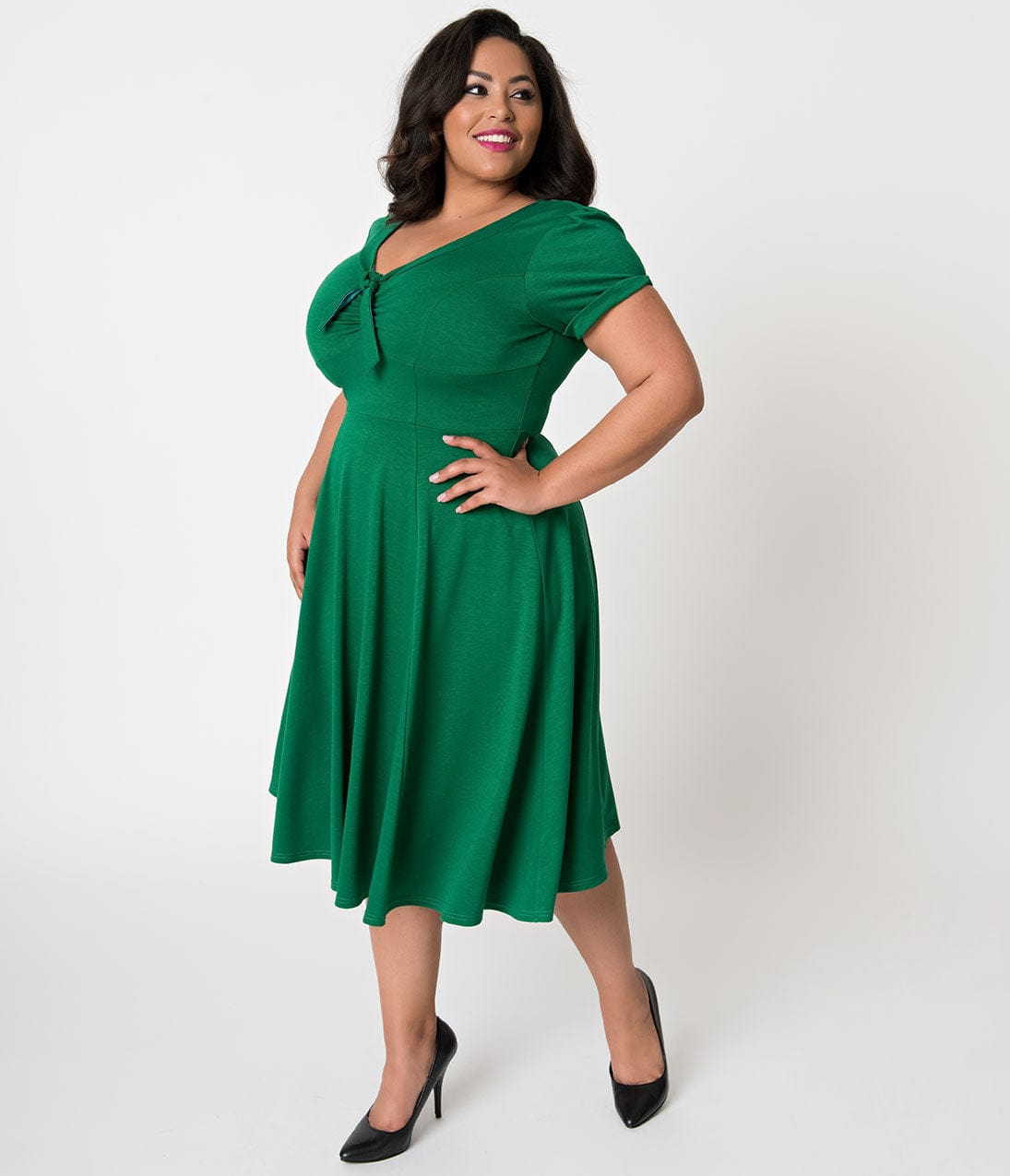 Unique Vintage Plus Size 1940s Style Green Knit Short Sleeve Natalie Swing Dress - Unique Vintage - Womens, DRESSES, SWING