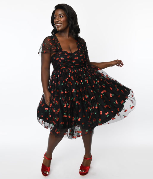 Unique Vintage Plus Size Black Glitter Cherry Print Heart Soul Bab