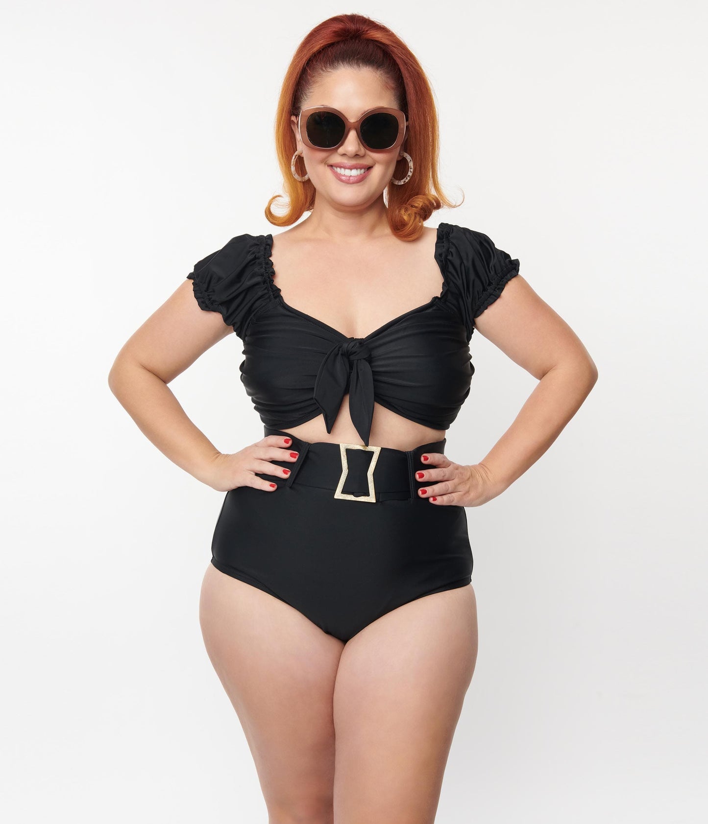 Unique Vintage Plus Size Black High Waist Belted Swim Bottom - Unique Vintage - Womens, SWIM, BOTTOM